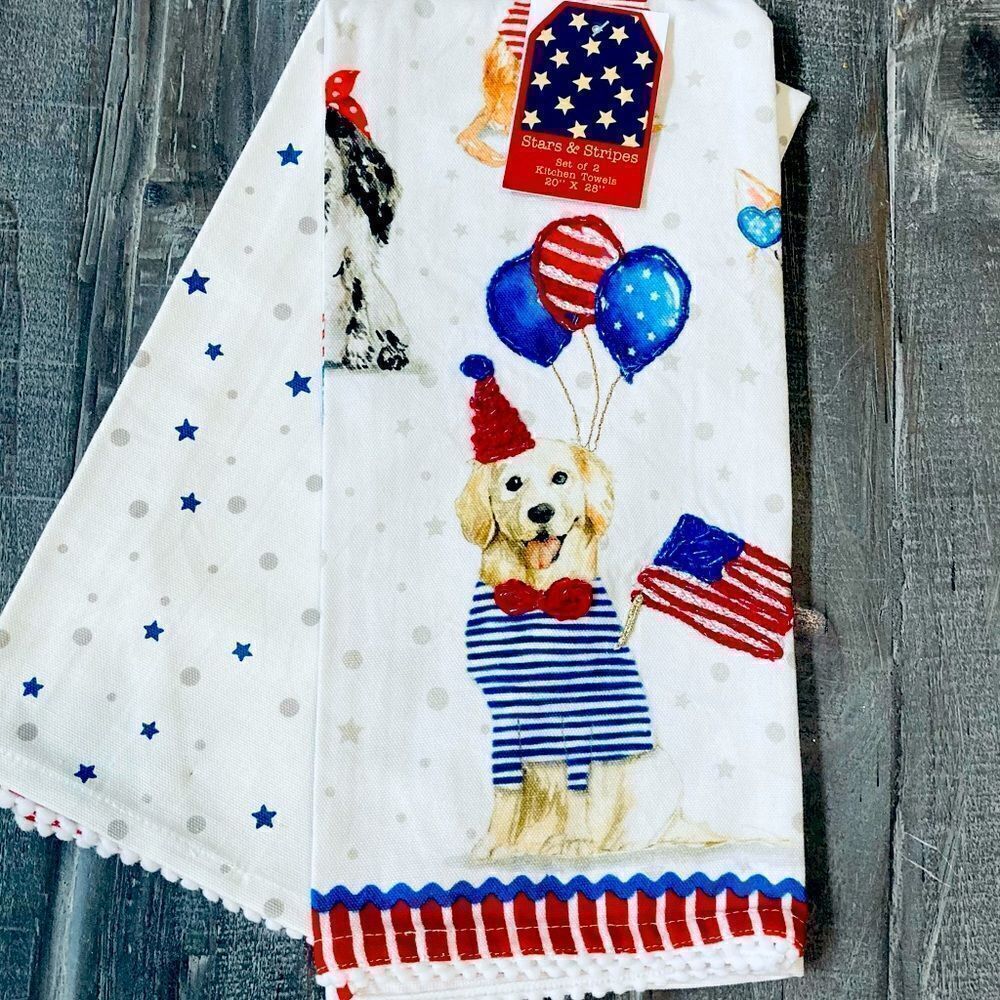 NWT Dog Stars & Stripes Patriotic Kitchen Dish Towels Set